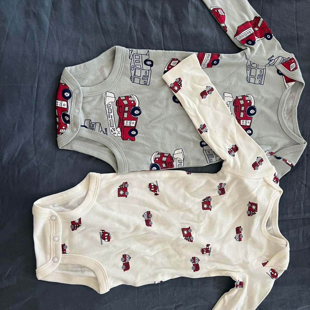 Carter's Cream and Light Gray Fire Truck Print Baby One-Pieces NWOT